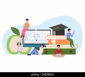 Vector flat illustration, concept of remote working. People with different skills work on the same project online using Internet. Self-employed freela Stock Photo