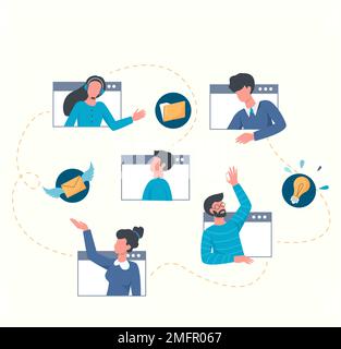 Vector flat illustration, concept of remote working. People with different skills work on the same project online using Internet. Self-employed freela Stock Photo