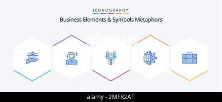 Business Elements And Symbols Metaphors 25 Blue icon pack including business. globe. man. gear. upload Stock Vector