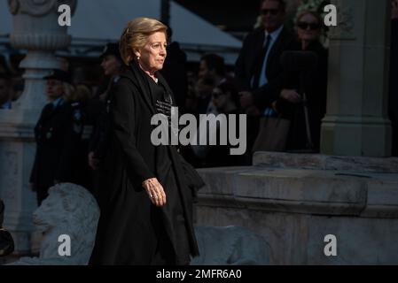 Athens, Greece. 16th January 2023. Queen Anne-Marie arrives for the funeral of the former King Constantine II of Greece at the Metropolitan Cathedral of Athens. Credit: Nicolas Koutsokostas/Alamy Stock Photo. Stock Photo