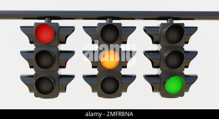 Hanging Traffic Light all color on white background. Three semaphore with one color each red, orange, green. Safety on road concept. 3d render Stock Photo