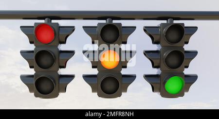 Hanging Traffic Light all color on cloudy sky background. Three semaphore with one color each red, orange, green. Safety on road concept. 3d render Stock Photo