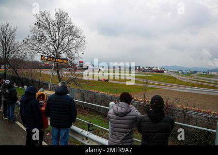 People around the Fiorano track during a test with the old 2021 Ferrari SF-21 in Fiorano/ Maranello, taining for the 2023 F1 season, 25 January 2023 Stock Photo