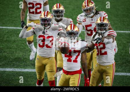 San Francisco 49ers safety Tarvarius Moore, left, and linebacker Azeez  Al-Shaair during an NFL football game against the Los Angeles Chargers in  Santa Clara, Calif., Sunday, Nov. 13, 2022. (AP Photo/Godofredo A.