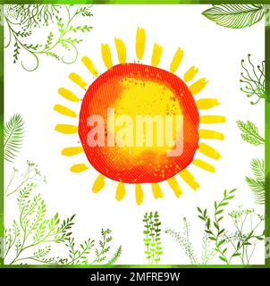 Sun and grass watercolor. Hello summer and spring. Vector illustration Stock Vector