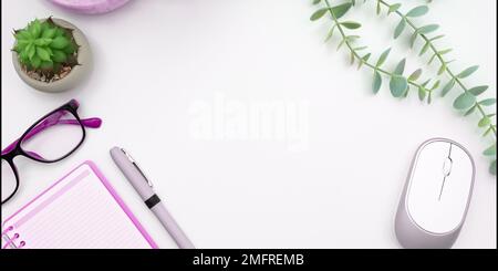 Office Supplies Over Desk With Keyboard And Glasses And Coffee Cup For Working Remotely, Assorted School Utilities For Studying With Hot Drink And Stock Photo
