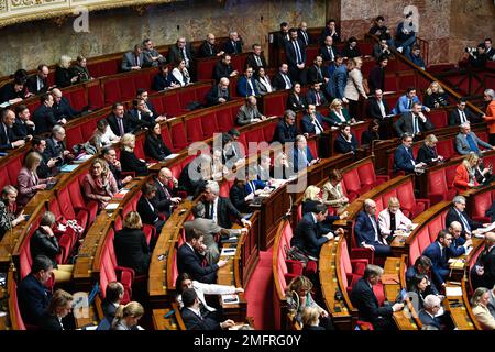 Paris, France. 24th Jan, 2023. General view (overview atmosphere illustration) with deputies during a session of questions to the government at The National Assembly (French Parliament, Palais Bourbon) in Paris, France on January 24, 2023. Photo by Victor Joly/ABACAPRESS.COM Credit: Victor Joly/Alamy Live News Stock Photo