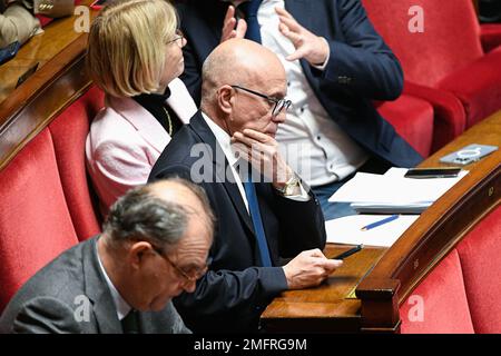 Paris, France. 24th Jan, 2023. LR President Eric Ciotti during a session of questions to the government at The National Assembly in Paris, France on January 24, 2023. Photo by Victor Joly/ABACAPRESS.COM Credit: Victor Joly/Alamy Live News Stock Photo