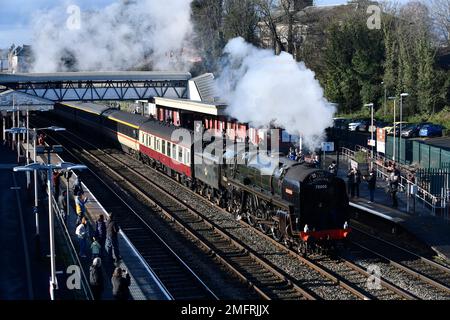 Wellington, Shropshire, Uk. January 25th 2023. Full steam ahead. The famous steam locomotive British Railways-built Britannia class No. 70000 Britannia, the first locomotive to be built by the nationalised company back in 1951. Pictured passing through the old Victorian railway station in Wellington, Shropshire during four days of staff training. Credit: David Bagnall/Alamy Live News Stock Photo