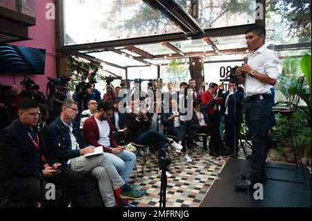 Colombian cyclist Nairo Quintana gives a press conference in Bogota, Colombia on January 25, 2022. Photo by: Chepa Beltran/Long Visual Press Stock Photo