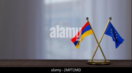 Armenia and Europe flags on table. Negotiation between Europe and Armenia. on little blur background. 3D work and 3D image Stock Photo