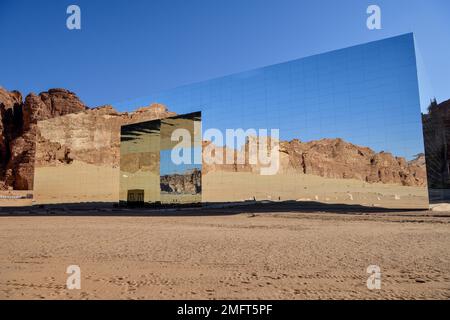 Maraya, mirrored event hall in the middle of the desert, AlUla, Medina Province, Saudi Arabia, Arabian Peninsula Stock Photo