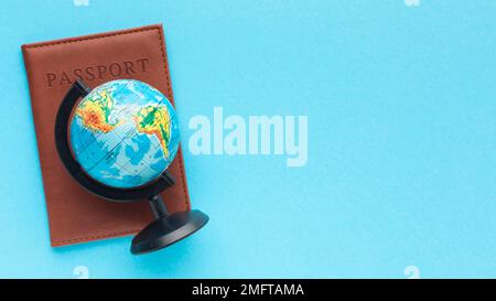 flat lay passport world globe. High resolution photo Stock Photo