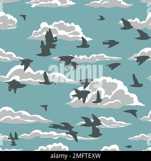 Seamless pattern with clouds and birds. Vintage hand drawn illustration with starlings in the sky. Vector illustration Stock Vector