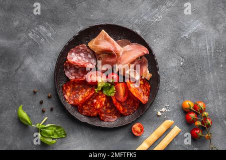 top view salami arrangement plate Stock Photo