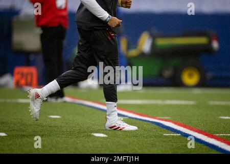 A detail of Kansas City Chiefs quarterback Patrick Mahomes (15) cleats  before an NFL football game against the New Orleans Saints, Sunday, Dec.  20, 2020, in New Orleans. (AP Photo/Tyler Kaufman Stock