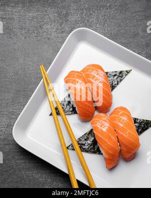 flat lay tasty sushi plate Stock Photo