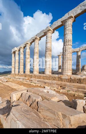 Ruin and columns of the ancient Temple of Poseidon, Cape Sounion, Attica, Greece Stock Photo