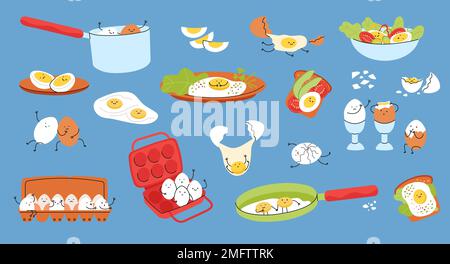 Eggs friends characters. Funny egg, breakfast menu cartoon food. Kawaii various yolk emotions. Healthy sandwich, easter, adorable lunch decent vector Stock Vector