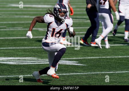 October 23, 2022: Denver Broncos wide receiver Tyrie Cleveland (16) covers  a kick during the second half of the football game between the Denver  Broncos and New York Jets. Derek Regensburger/CSM. (Credit