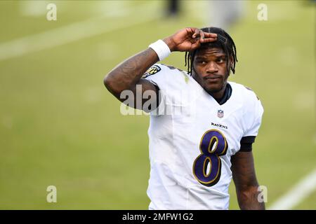 Baltimore, United States. 03rd Nov, 2019. Baltimore Ravens quarterback  Lamar Jackson (8) reacts after a 37-20 win over the New England Patriots at  M&T Bank Stadium in Baltimore, Maryland, Sunday, November 3