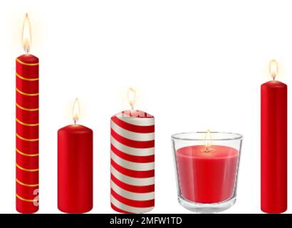 Realistic red candles isolated set. Wax candle in glass, with silver effect. Holiday, memorial and party vector elements. Decoration cozy home Stock Vector