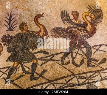 Catch of ostriches, aisle of the great hunt, mosaic floor, 3rd, 4th c. Roman luxury villa, Villa Romana del Casale, Piazza Armerina, Sicily, Piazza Stock Photo