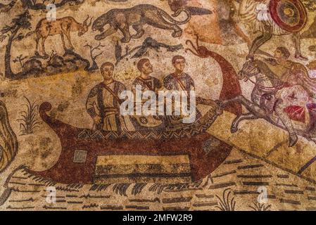 Loaded ship ready to sail, aisle of the great hunt, mosaic floor, 3rd, 4th c. Roman luxury villa, Villa Romana del Casale, Piazza Armerina, Sicily Stock Photo