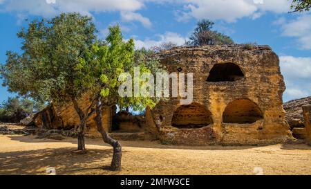 City wall with arcosol tombs, Valley of the Temples, Agrigento, Sicily, Agrigento, Sicily, Italy Stock Photo