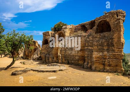 City wall with arcosol tombs, Valley of the Temples, Agrigento, Sicily, Agrigento, Sicily, Italy Stock Photo