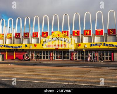 Blackpool Lancashire UK Jan 2023 Golden mile amusement arcade brightly colored entertainment venue on the seafront of Blackpool seaside town Stock Photo