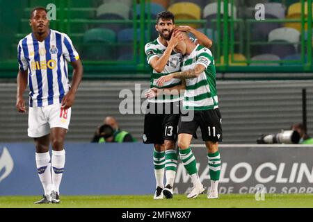 Nuno Santos of Sporting CP celebrates a goal during the Liga Portugal Bwin  match between Sporting CP and Paços de Ferreira at Estadio Jose  Alvalade.(Final score: Sporting CP 3:0 FC Paços de