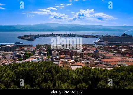 Aerial view of Messina city and port with MSC Seaview cruise ship at anchor. Stock Photo