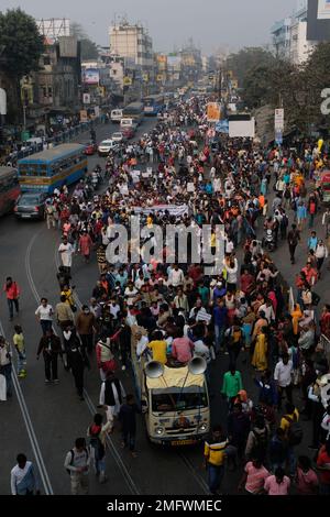 Kolkata, India. 25th Jan, 2023. Indian Secular Front (ISF) supporters march on the street during the protest against the arrest of the party leader Naushad Siddiqui and 17 workers following a clash with police on 21st January. Credit: SOPA Images Limited/Alamy Live News Stock Photo