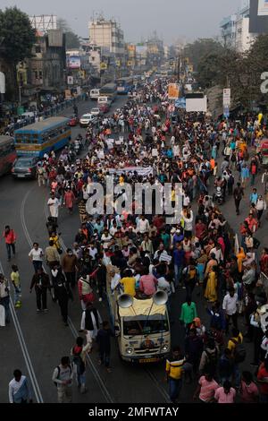 Kolkata, India. 25th Jan, 2023. Indian Secular Front (ISF) supporters march on the street during the protest against the arrest of the party leader Naushad Siddiqui and 17 workers following a clash with police on 21st January. (Photo by Dipayan Bose/SOPA Images/Sipa USA) Credit: Sipa USA/Alamy Live News Stock Photo