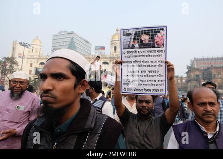 Kolkata, India. 25th Jan, 2023. Indian Secular Front (ISF) supporters holding placards march on the street during the protest against the arrest of the party leader Naushad Siddiqui and 17 workers following a clash with police on 21st January. (Photo by Dipayan Bose/SOPA Images/Sipa USA) Credit: Sipa USA/Alamy Live News Stock Photo