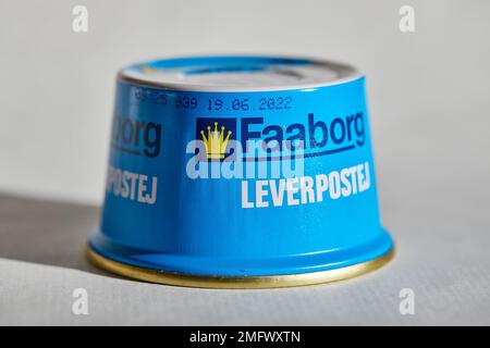 Faaborg Leverpostej, canned liver paté, 125g can; Denmark Stock Photo