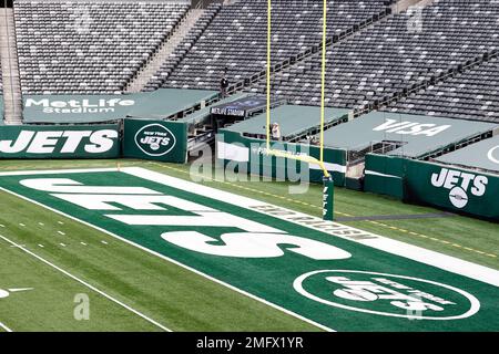 The words 'End Racism' are seen painted in an end zone during an NFL  football game