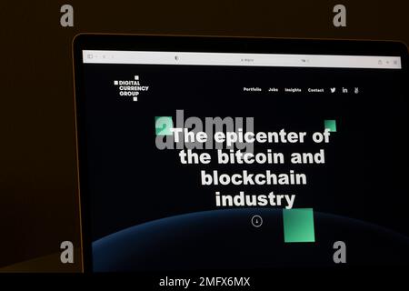 Homepage of the Digital Currency Group (DCG) is seen on a computer. Crypto lender Genesis, a subsidiary of DCG, files for bankruptcy as crisis spreads. Stock Photo