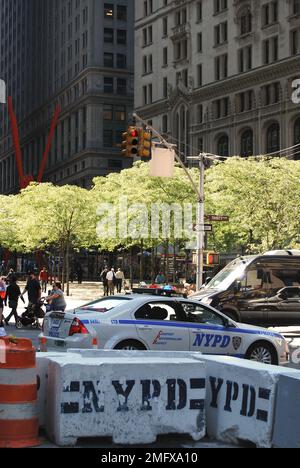 An NYPD road block at Trinity Place in Lower Manhattan, New York City ...