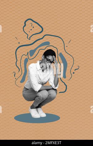 Vertical collage image of black white effect unsatisfied person have bad mood questioned isolated on drawing background Stock Photo