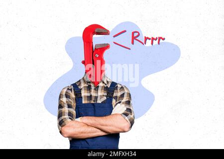 Creative collage image of confident construction worker man wrench key tool instead head isolated on painted background Stock Photo