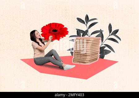 Creative photo 3d collage artwork poster postcard of beautiful girl sitting nature picnic party isolated on painting background Stock Photo