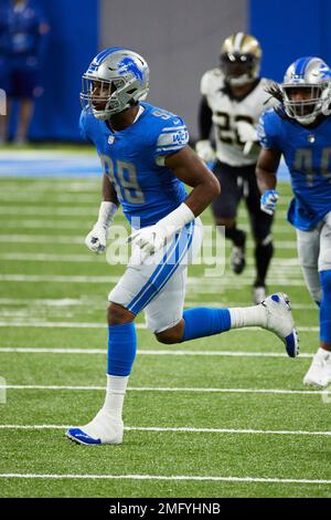 Detroit Lions linebacker Julian Okwara (99) pursues a play on defense  against the Jasksonville Jaguars during an NFL pre-season football game,  Saturday, Aug. 19, 2023, in Detroit. (AP Photo/Rick Osentoski Stock Photo 