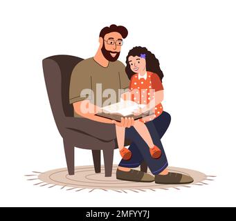 Loving Father and daughter reading book together.Child Girl hug dad.Spend time together.Love and trust of dad,child.Supporting, Family relationships.F Stock Photo