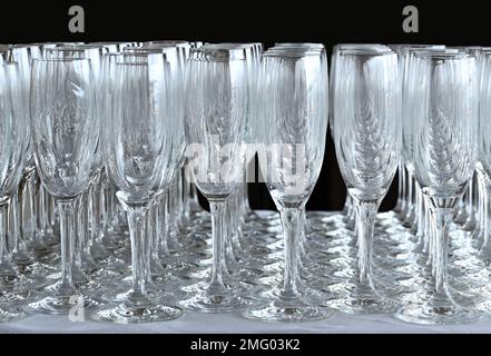 Rows of empty champagne flute glasses on a table at an event waiting to be filled. No people. Stock Photo