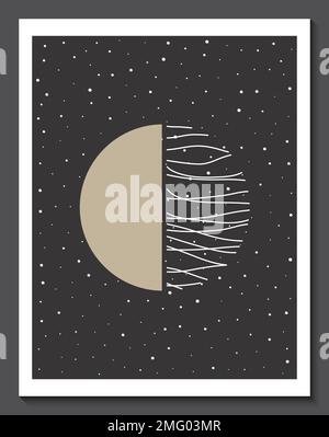 Abstract geometric line art poster. Hand draw minimalist creative boho wall decor shapes. Modern graphic poster with lines, dots, circle on black Stock Vector