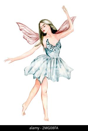 Watercolor Cartoon Fairy With Magic Wings. Watercolor Hand Draw Fairy 