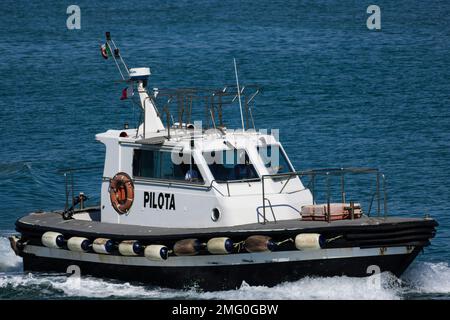 Pilot boat used to transport maritime pilots between land and the inbound or outbound ships that they are piloting. Stock Photo