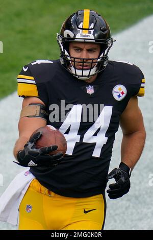 Pittsburgh, Pennsylvania, USA. 8th Jan, 2023. January 8th, 2023 Pittsburgh  Steelers fullback Derek Watt (44) celebrates after scoring a touchdown  during Pittsburgh Steelers vs Cleveland Browns in Pittsburgh, PA. Jake  Mysliwczyk/BMR (Credit